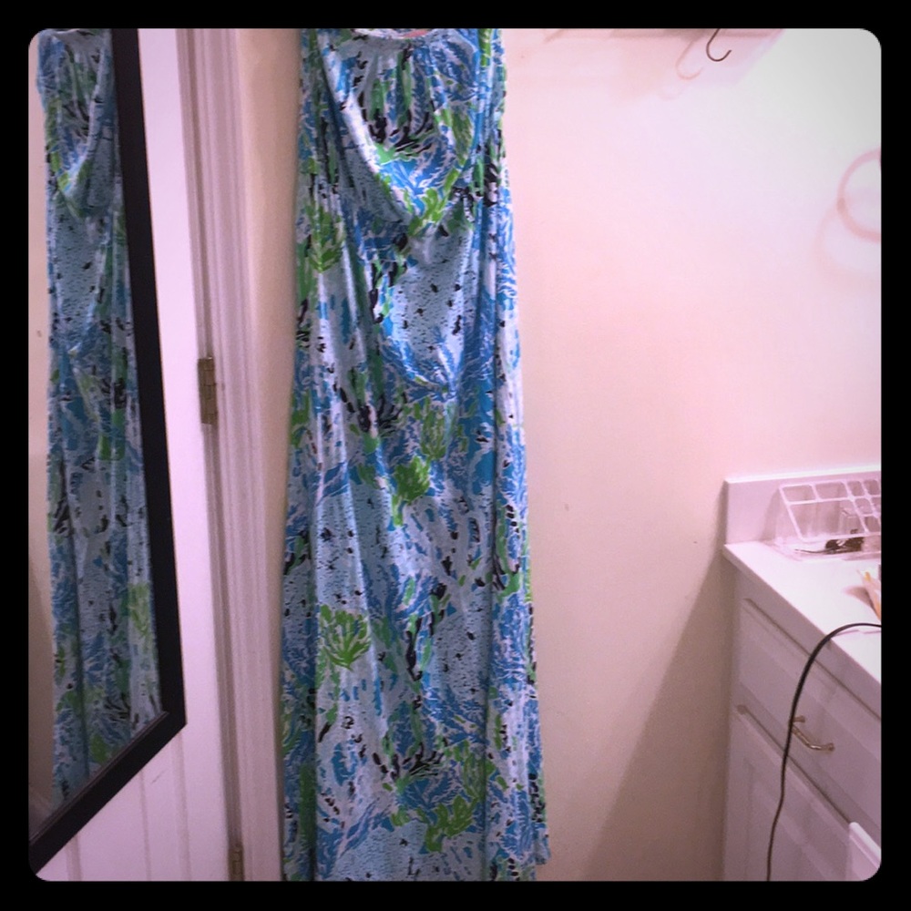 Lilly Pulitzer strapless maxi dress.